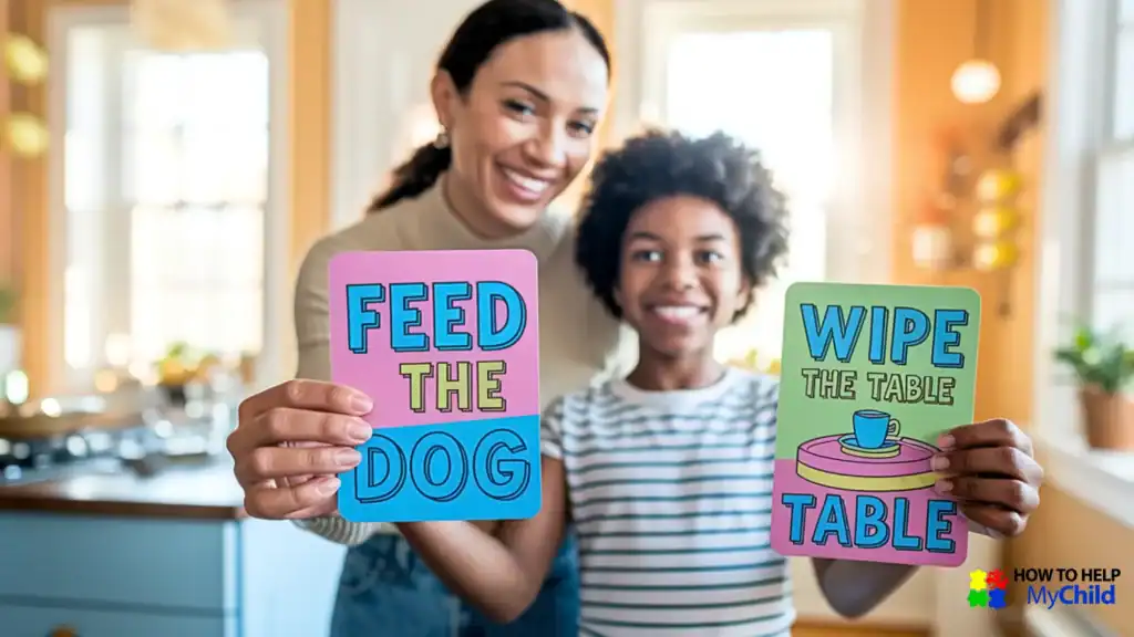 Mom and son smiling and holding up chore cards—offering structured choice for chores for kids with autism and ADHD, a practical approach from How to Help My Child.