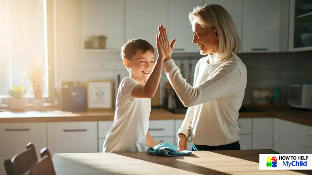 Boy receiving a high-five from mom after completing a chore successfully—celebrating small wins with chores for kids with autism and ADHD, encouraged by How to Help My Child.