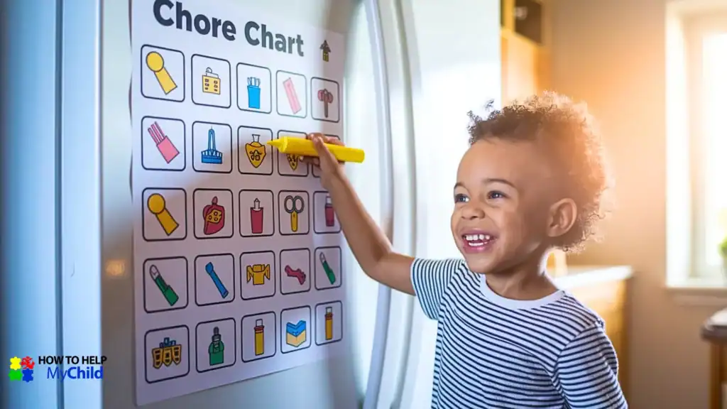 Happy child pointing at a colorful chore chart to track daily chores for kids with autism and ADHD, part of a visual support strategy by How to Help My Child.
