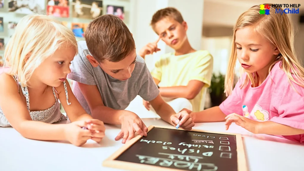 Group of children working together to create a chore list on a chalkboard—collaborative approach to organizing chores for kids with autism and ADHD, guided by How to Help My Child.