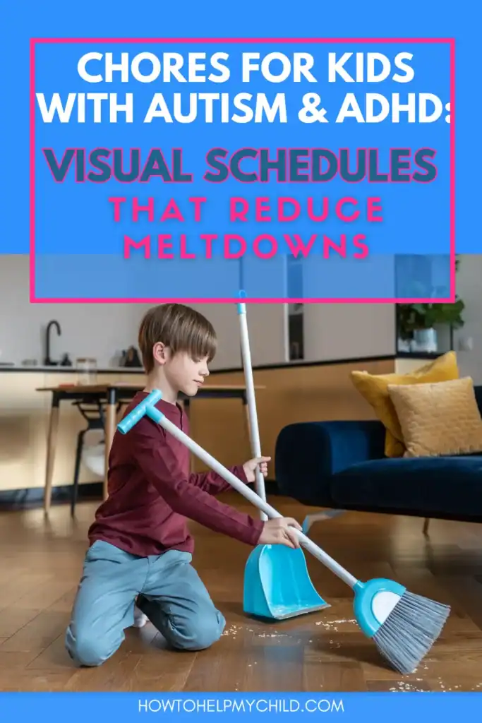 Young boy sweeping as part of a visual routine designed to support chores for kids with autism and ADHD in a calm home setting.