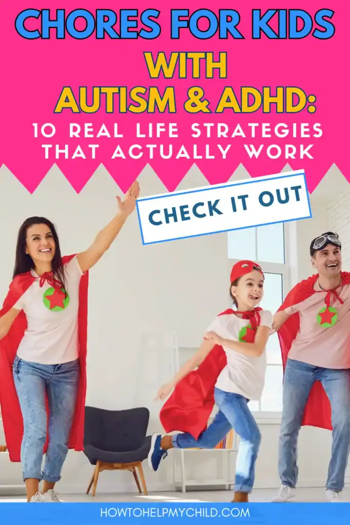 Playful family dressed as superheroes encouraging chores for kids with autism and ADHD through fun, connection, and routine.