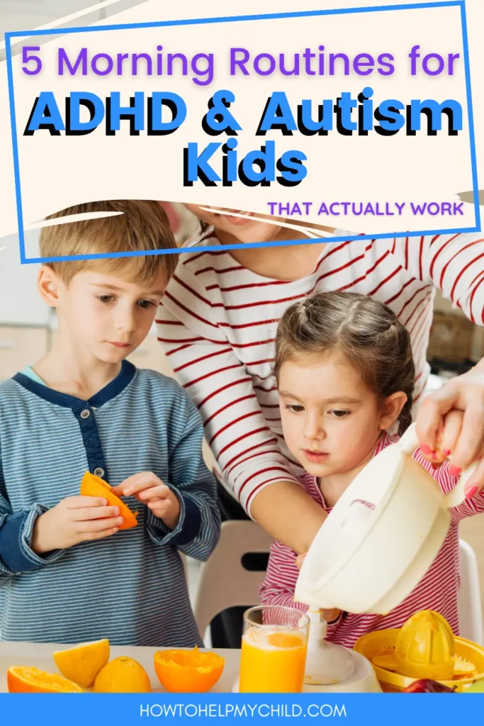 Children with ADHD and autism follow a hands-on morning routine by making orange juice together, supported by the tips from How to Help My Child.