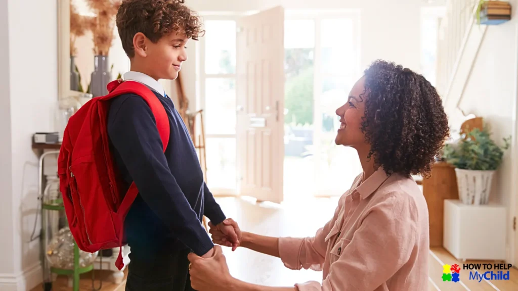 Using the morning routine tips from How to Help My Child, this mom supports her autistic child with calm reassurance at school drop-off.