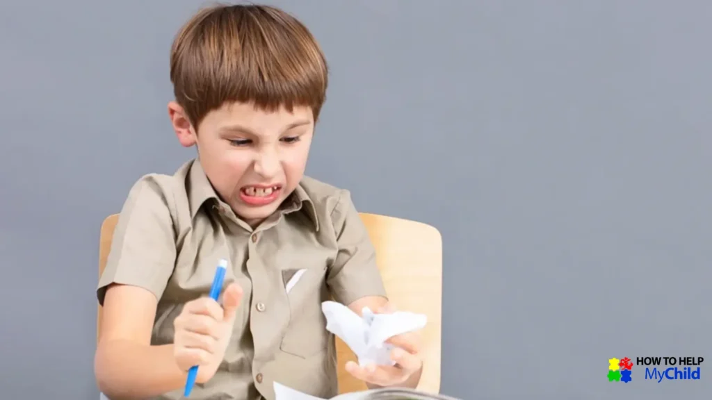 Child experiencing frustration and sensory overload, a common sign of autism and ADHD meltdowns in school or home settings.