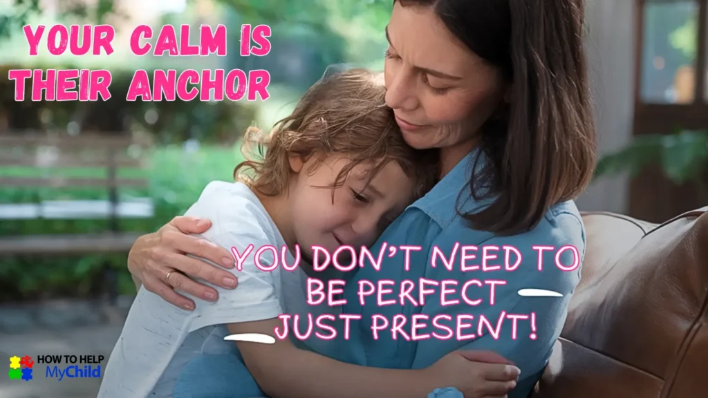 Parent providing comfort during autism and ADHD meltdowns, emphasizing presence over perfection in neurodiverse parenting.