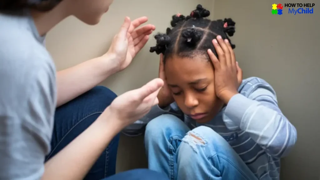 A child overwhelmed during an autism and ADHD meltdown, with caregiver trying to support in a quiet, non-verbal way.